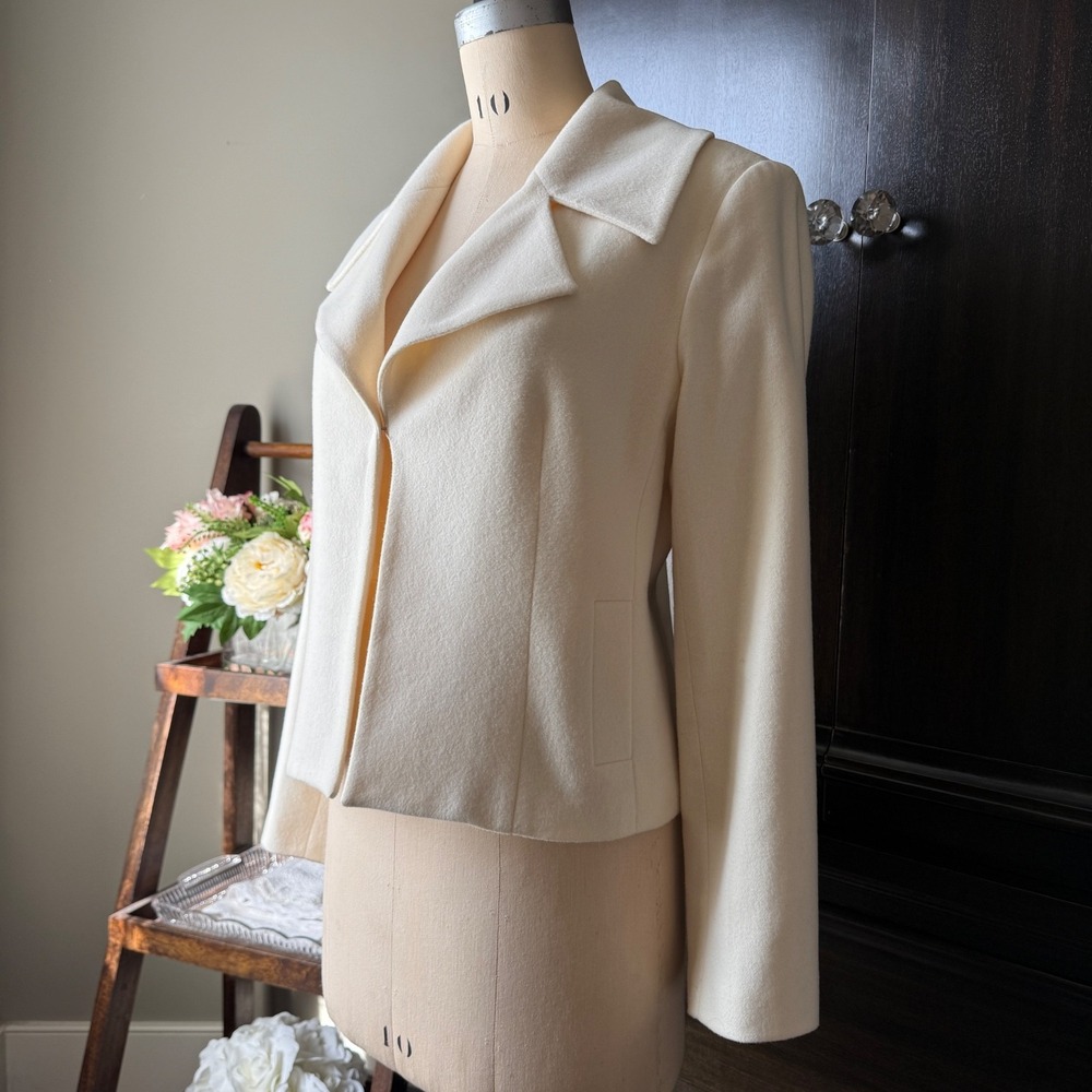 Wool‎ Cashmere Blazer Cropped Womens Tailored Open Front Ivory Size 6 Minimalist